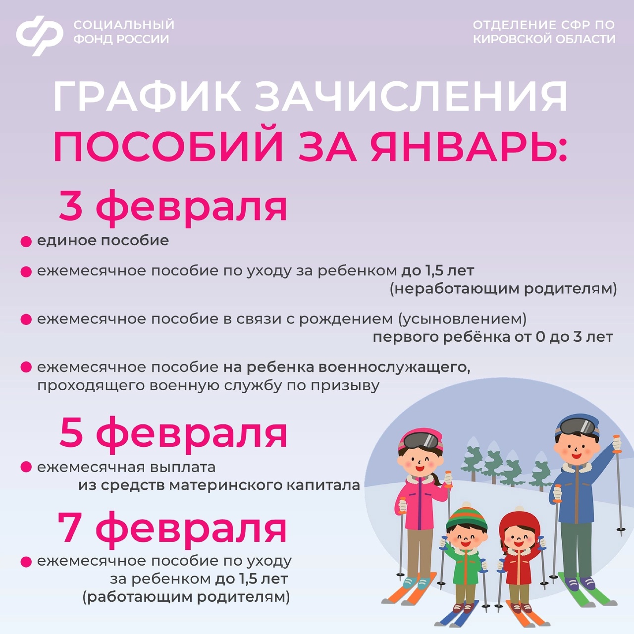 3, 5 и 7 февраля  – дни зачисления выплат семьям с детьми на карты и счета..