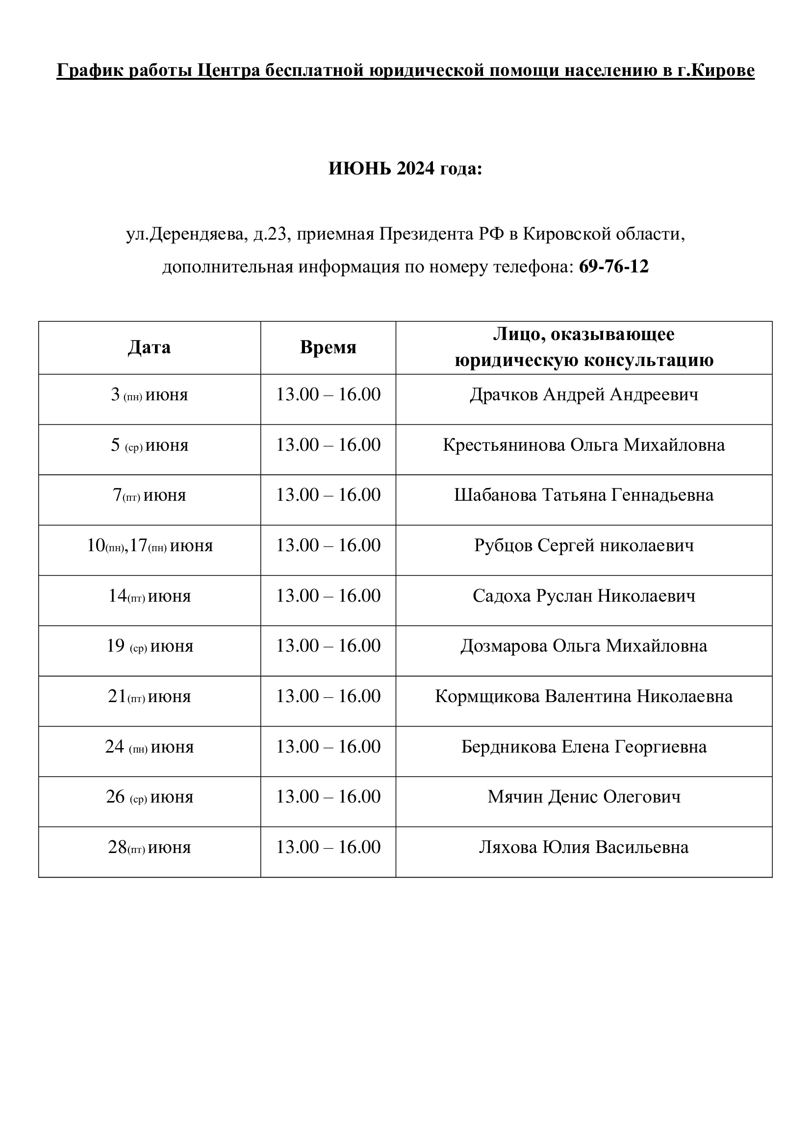 График работы Центра бесплатной юридической помощи населению в г.Кирове..