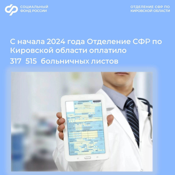 Отделение СФР по Кировской области оплатило более 317 тысяч электронных листков нетрудоспособности (ЭЛН).. Отделение СФР по Кировской области оплатило более 317 тысяч электронных листков нетрудоспособности (ЭЛН)..