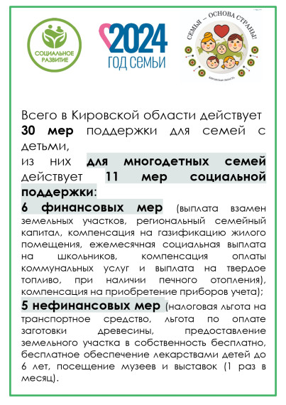 Министерство социального развития Кировской области информирует о мерах социальной поддержки семей на территории Кировской области..
